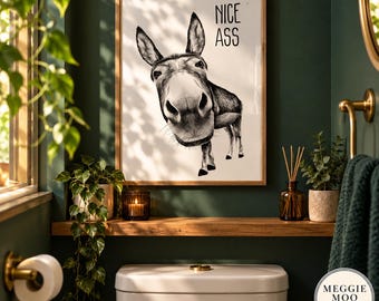 May include: A framed wall art print featuring a black and white illustration of a donkey looking forward with the text NICE ASS printed in black capital letters in the upper right corner. The artwork is displayed in a light wood frame.