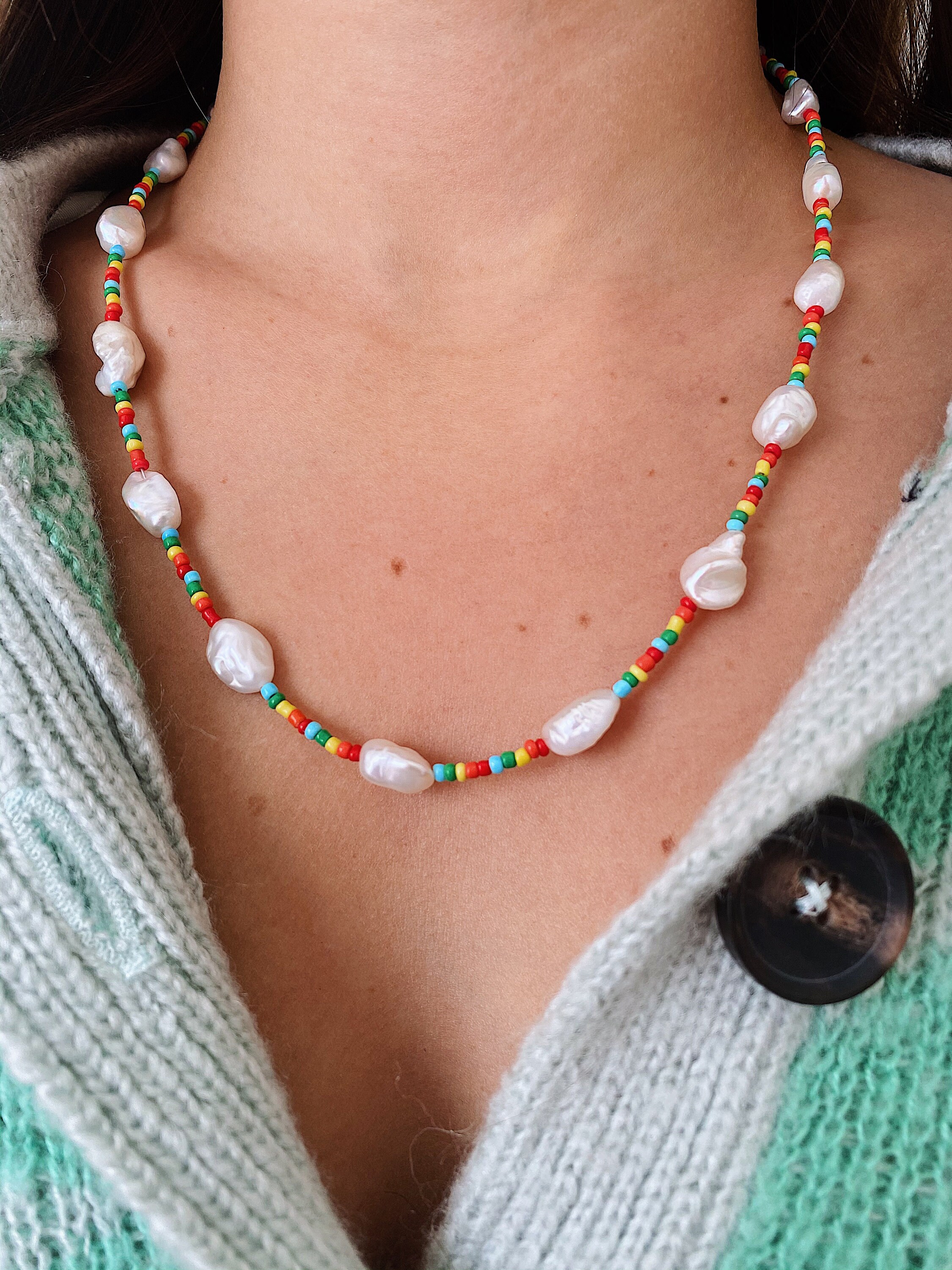 Rainbow Pearl Necklace Handmade - Etsy 