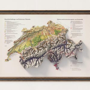 Switzerland Map: Vintage Relief Map Print 1975, Rural and Agricultural Poster