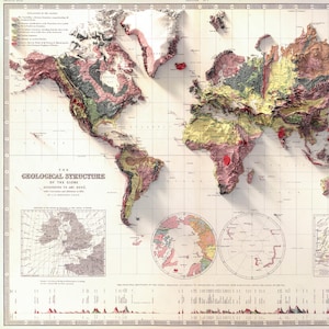 Mapa geológico del mundo de 1855: Impresión detallada en relieve, póster antiguo de ciencias de la Tierra