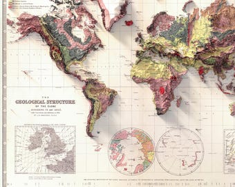 Geological Map of the World 1855: Detailed Relief Map Print, Vintage Earth Science Poster