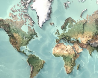 The World Satellite Map (flat ocean) - Wall Map Print - Topography