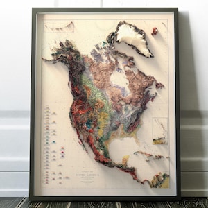 Carte géologique de l'Amérique du Nord - Décoration murale - Topographie - Impression d'art - Cadeau unique