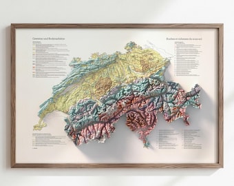Kaart van Zwitserland als wanddecoratie: Vintage geologische en topografische print, poster met reliëf en textuur.