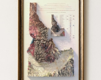 Mapa geológico antiguo de Idaho: Impresión artística en relieve topográfico, decoración rústica para la pared