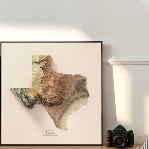 May include: A framed print of a topographic map of Texas. The map is in shades of brown, beige, and green, with a white background. The text "The State of Texas" is printed below the map.