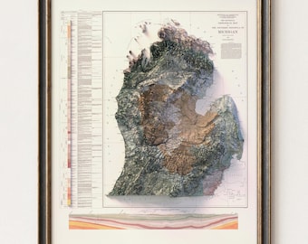 De geologische kaart van Zuid-Michigan: vintage muurdecoratie, topografische reliëfstijl