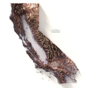 Carte de la Californie - carte en relief ombragé - décoration murale - topographie - impression d'art - cadeau - effet 3D