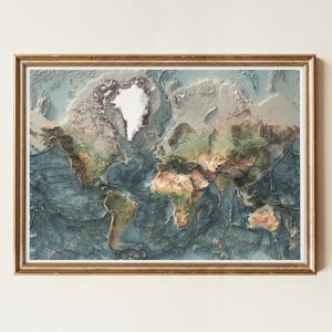 World Satellite Map: Natural Topography Art Print, Realistic Earth Relief Map for Home Decor