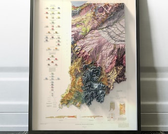 Könnte beinhalten: Eine vintage, farbenfrohe 3D-Reliefkarte von Indiana, die die geologischen Formationen des Bundesstaates zeigt. Die Karte ist in Schwarz gerahmt und enthält einen Schlüssel zu den verschiedenen geologischen Formationen.