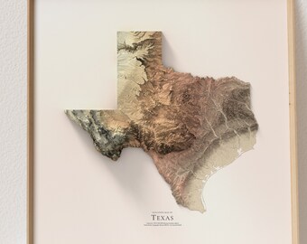 Texas Relief Map Print: Warm Earth Tone Terrain, Rustic Ranch House Wall Decor