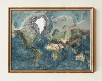 World Map: Natural Topography Wall Art Print with Realistic Relief and Ocean Detail