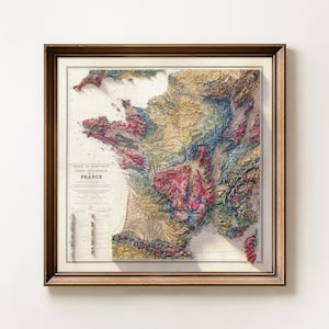 Geological Map of France: Topographic Elevation Art Print image 1