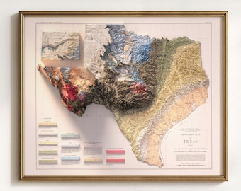 Vintage Texas Map: Shaded Relief Wall Art, Elevation and Geology Poster Print