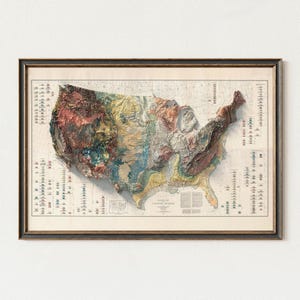 Geological Map of the United States (1932 USGS), Reproduction - 3D Topography Vintage Style - Elegant Wall Art Decor
