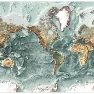 The World - Americas Centered Physical Map - Wall Decor - Topography - Art Print - Unique Gift
