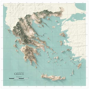 May include: A detailed elevation map of Greece featuring a three-dimensional relief of the mountainous terrain and islands. The map uses a light teal and cream color palette with a grid overlay, including the text Elevation Map of Greece.
