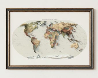 Political World Map Poster: Topographic Elevation - 2015 Style