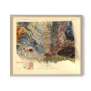 Geologische kaart van Oklahoma - muurdecoratie - topografie - kunstafdruk - uniek cadeau