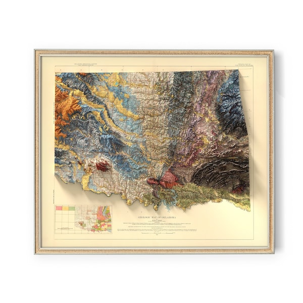 Oklahoma Geological Map - Shaded Relief Map  - Map print