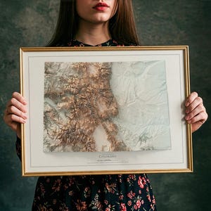K&ouml;nnte beinhalten: Gerahmte topografische Karte von Colorado mit detaillierter Reliefschattierung in Braun-, Beige- und Wei&szlig;t&ouml;nen. Die Karte befindet sich in einem goldfarbenen Rahmen mit wei&szlig;em Passepartout. Das Wort "Colorado" ist unten auf der Karte aufgedruckt.