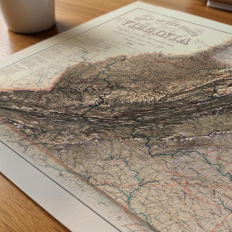 May include: A detailed antique map of Virginia, featuring shaded relief and intricate line work. The map displays the state's topography with brown, beige, and blue hues, and includes the title "Map of the State of Virginia". The map is on a white background.