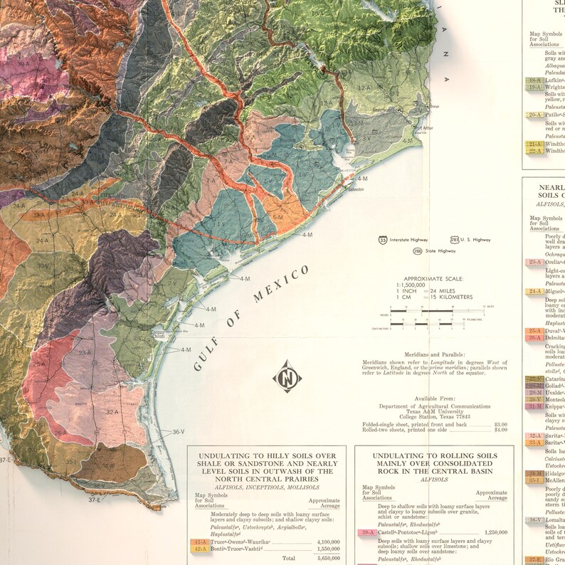 May include: A vintage map of the Gulf Coast of Texas, showing the different soil types and their approximate acreage. The map is divided into different colors, each representing a different soil type. The map also includes a legend explaining the different soil types and their characteristics.