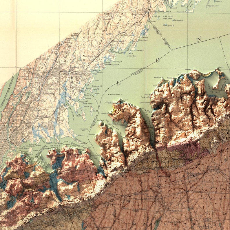 May include: A vintage map of Long Island, New York, with a detailed depiction of the coastline and surrounding areas. The map features a green and brown color scheme with a raised relief effect, highlighting the topography of the region. The map includes various geographical features, such as rivers, lakes, and towns, with labels indicating their names.