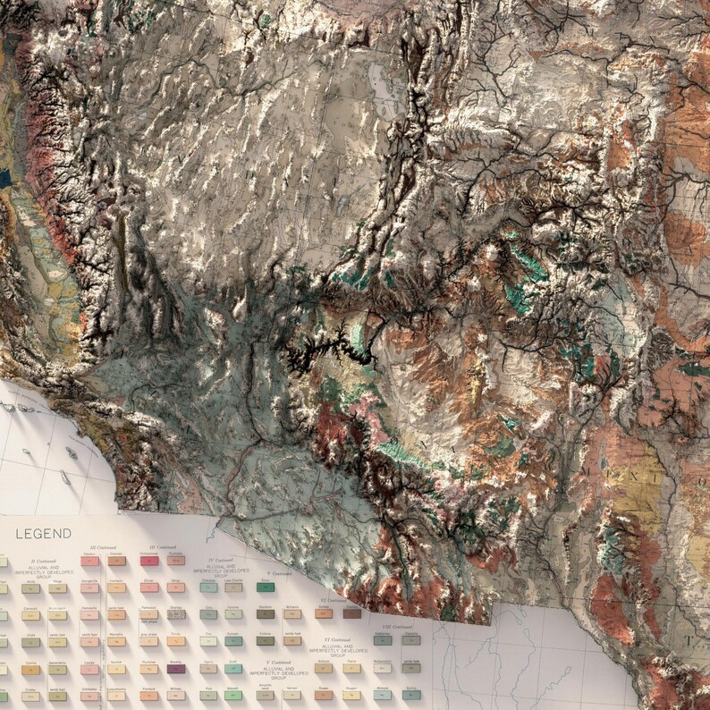 May include: A detailed, three-dimensional map of the southwestern United States, showcasing topographical features with varied colors. The map includes a legend with color-coded geological information. The text "LEGEND" is visible in the lower left corner.