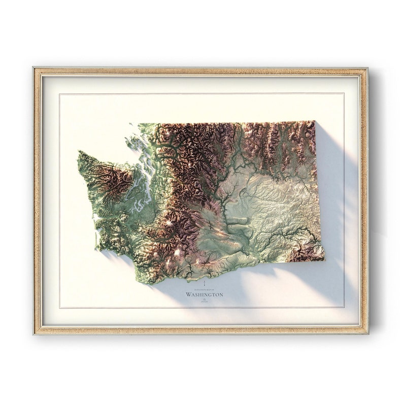 Washington Shaded relief map, State map in framed wall decor