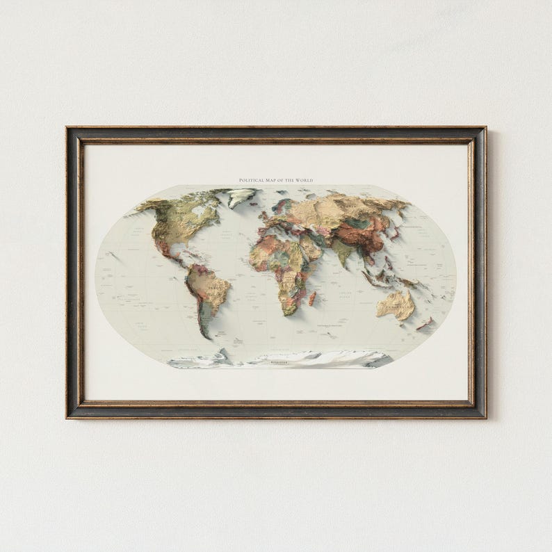 Mapa Político Mundial: Impressão Topográfica de Elevação, Arte de Parede em Relevo, Decoração de Escritório imagem 1