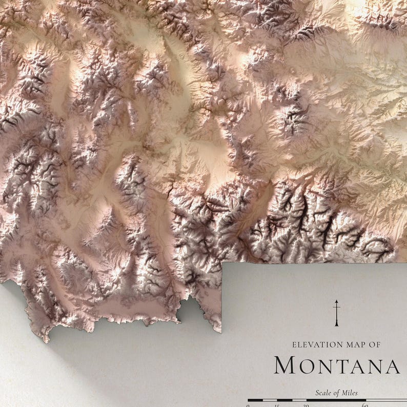 May include: An elevation map of Montana, featuring a detailed topographic representation in shades of brown and tan. The map includes the text "Elevation Map of Montana" and a scale in miles.