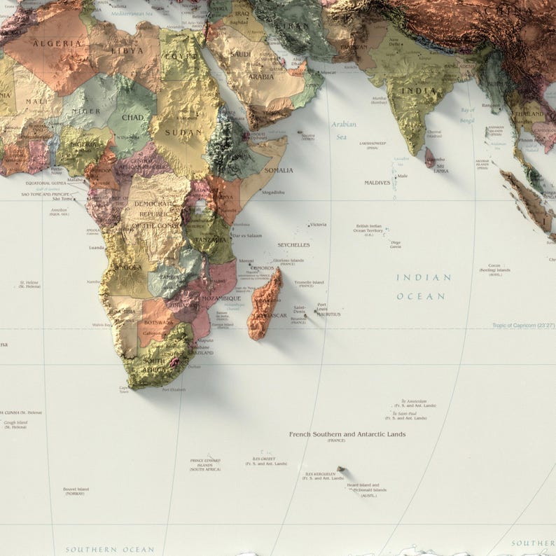 Mapa Político Mundial: Impressão Topográfica de Elevação, Arte de Parede em Relevo, Decoração de Escritório imagem 7