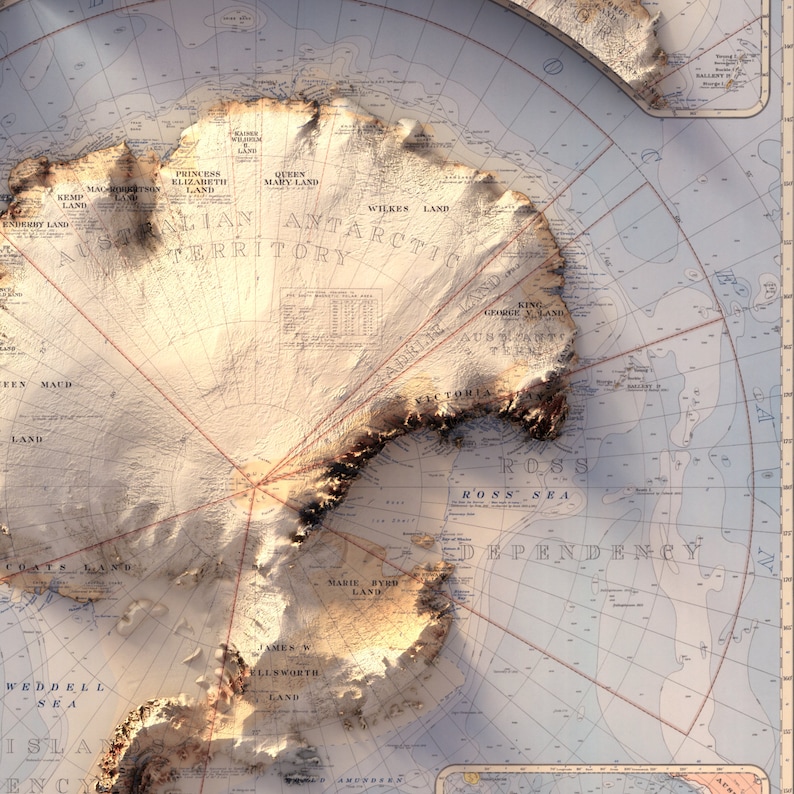 May include: A vintage map of Antarctica showing detailed land features and names of geographic locations. The map is printed on a light blue background with red and brown lines.