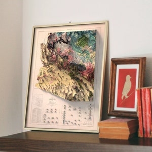 May include: A framed vintage map of Arizona with a 3D relief effect. The map is in shades of brown, green, and pink, and shows the state's topography. The map is titled "Geological Map of Arizona".