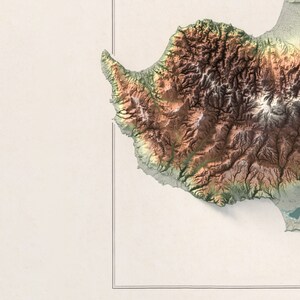May include: A detailed topographic map of Cyprus, showing the island's mountainous terrain in shades of green, brown, and beige. The map highlights the island's coastline and surrounding waters.