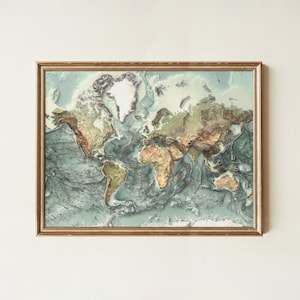 World Elevation Map: Detailed Physical Topography Relief Print, Vintage Style Earth Wall Art