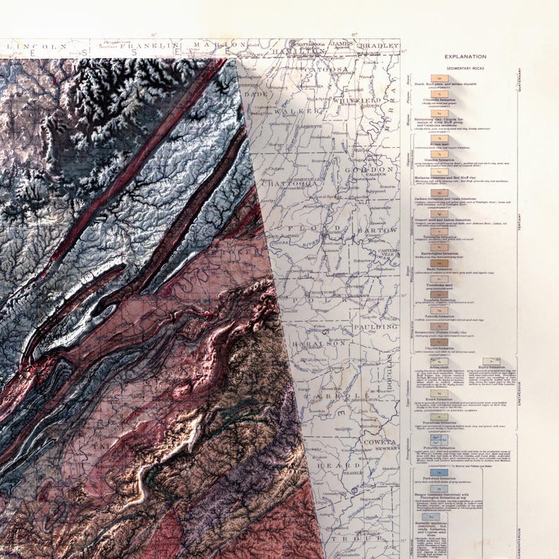 Geological Map of Alabama 1926: Vintage Relief Map Art, Home Decor, Housewarming Gift image 5
