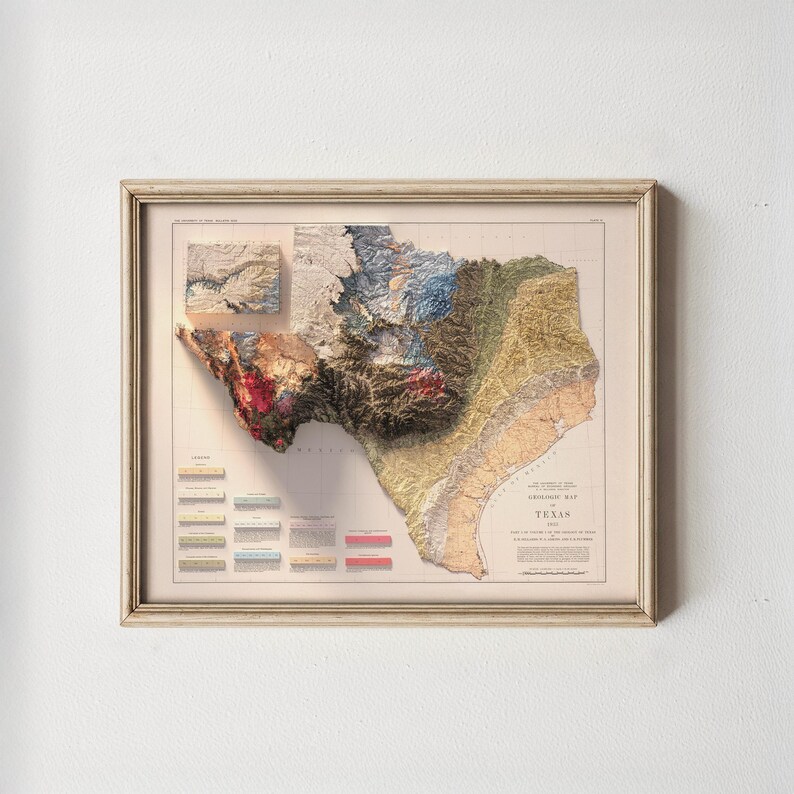 Vintage Texas Geological Map 1933: Relief & Elevation Wall Art, Map Poster Print image 7