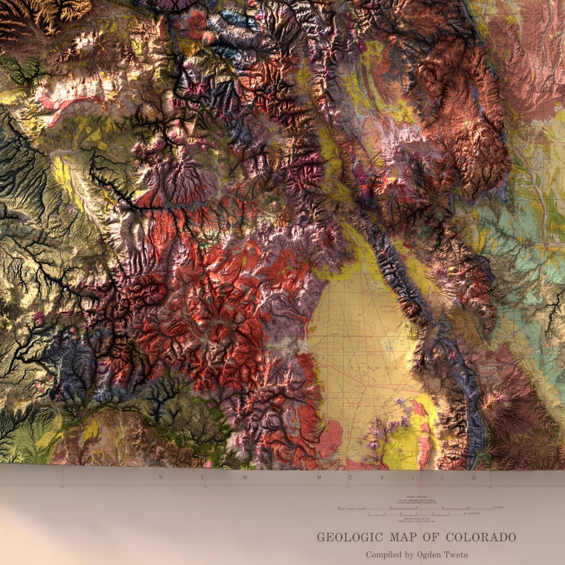 May include: A detailed geologic map of Colorado, featuring a 3D relief effect. The map displays a variety of colors representing different geological formations. The title "GEOLOGIC MAP OF COLORADO" is visible at the bottom, along with the compiler's name.