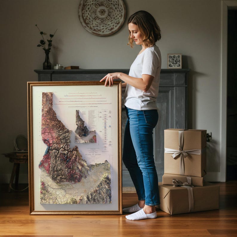May include: A framed 3D topographical map of Idaho, featuring detailed elevation data in shades of brown, green, and red. The map is set in a gold-colored frame. The image also shows a person holding the framed map, and several wrapped gifts.
