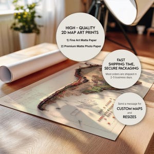 May include: A detailed, vintage-style map of South America printed on a beige background. The map is a 2D art print available in fine art matte paper or premium matte photo paper. The text "HIGH - QUALITY 2D MAP ART PRINTS" is in a circle at the top of the image. The text "FAST SHIPPING TIME, SECURE PACKAGING" is in a circle at the top right of the image. The text "Most orders are shipped in 2-5 business days." is below the circle. The text "Send a message for CUSTOM MAPS and RESIZES" is at the bottom right of the image.
