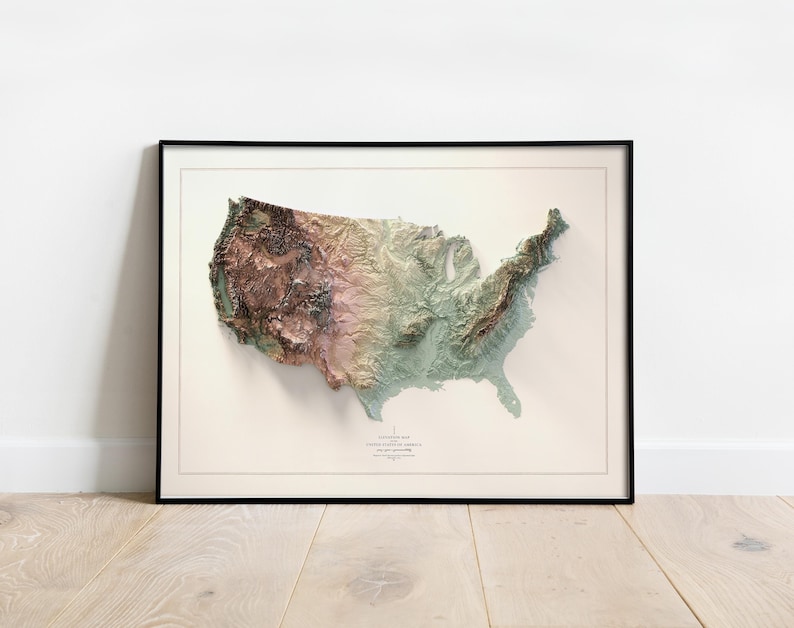United States Topography Map printed on paper and framed. Wall art decor, poster map, wall hanging gift ideas