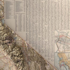K&ouml;nnte beinhalten: Eine Vintage-Karte von Kalifornien mit einer detaillierten Reliefkarte der Sierra Nevada. Die Karte enth&auml;lt eine Liste der Countys und County Seats.