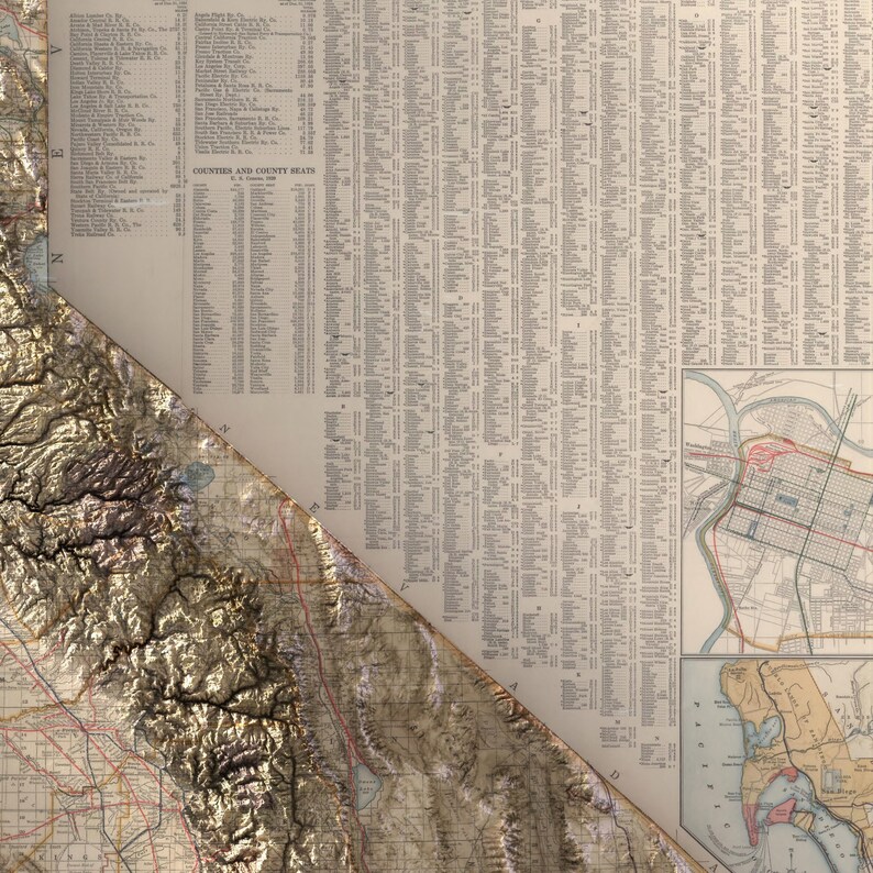 K&ouml;nnte beinhalten: Eine Vintage-Karte von Kalifornien mit einer detaillierten Reliefkarte der Sierra Nevada. Die Karte enth&auml;lt eine Liste der Countys und County Seats.