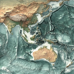 May include: A topographic map of Asia and Australia, showing the tectonic plates and the ocean floor. The map is colored in shades of green, blue, and brown.