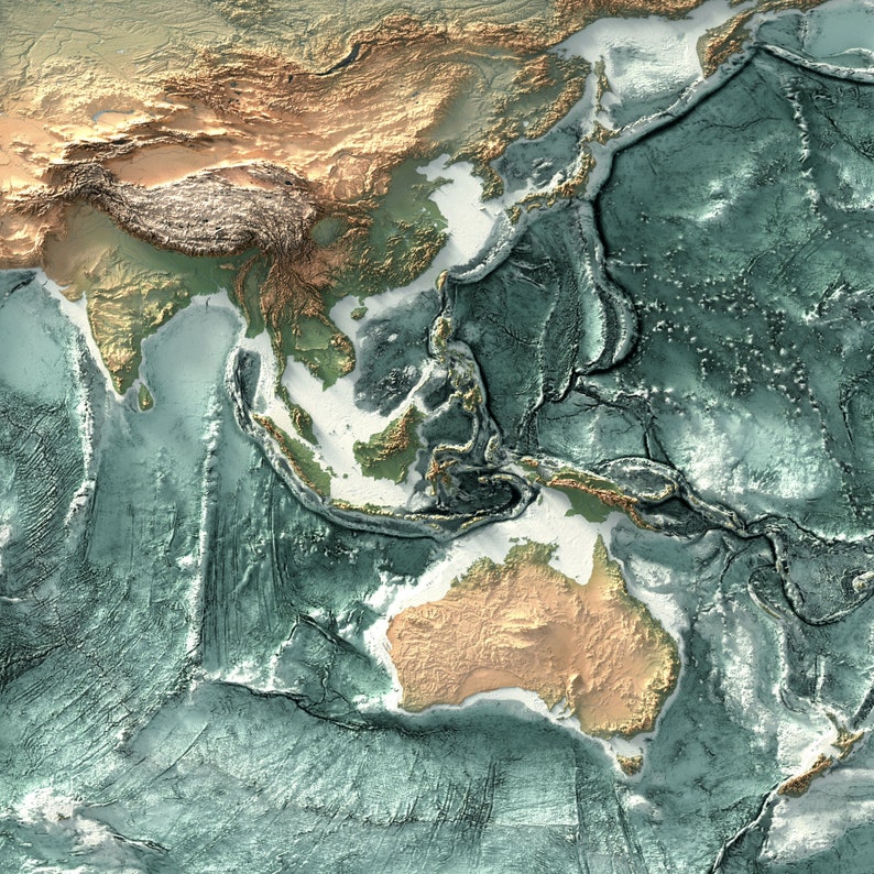 May include: A topographic map of Asia and Australia, showing the tectonic plates and the ocean floor. The map is colored in shades of green, blue, and brown.