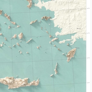 May include: A detailed topographic map of the Aegean Sea region featuring light beige landmasses with relief shading against a soft teal ocean background. The map includes thin black grid lines, latitude markers, and labels for cities like Rodos, Kos, and Iraklio.