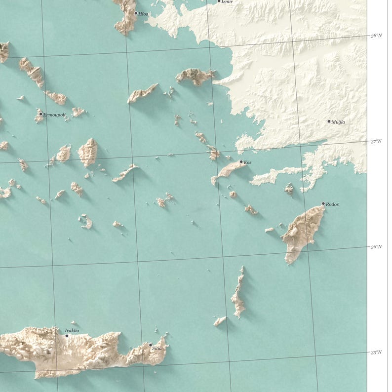 May include: A detailed topographic map of the Aegean Sea region featuring light beige landmasses with relief shading against a soft teal ocean background. The map includes thin black grid lines, latitude markers, and labels for cities like Rodos, Kos, and Iraklio.