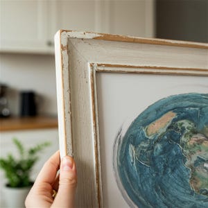 May include: A framed print of a globe, featuring shades of blue, green, and tan. The frame is distressed white with a natural wood-tone edge. The artwork is held by a person's hand.